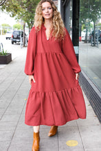 Load image into Gallery viewer, Lock Eyes Notched Neck Frill Hem Tiered Maxi Dress in Spice
