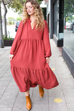 Load image into Gallery viewer, Lock Eyes Notched Neck Frill Hem Tiered Maxi Dress in Spice
