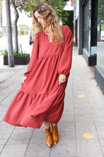 Load image into Gallery viewer, Lock Eyes Notched Neck Frill Hem Tiered Maxi Dress in Spice
