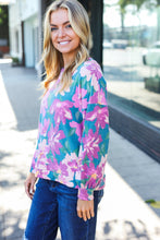 Load image into Gallery viewer, Feeling Femme Floral Brushed Hacci Sweater Top in Teal
