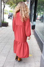 Load image into Gallery viewer, Lock Eyes Notched Neck Frill Hem Tiered Maxi Dress in Spice
