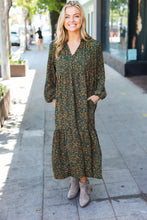 Load image into Gallery viewer, Hunter Green Floral Print Notched Neck Tiered Maxi Dress
