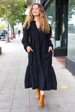 Load image into Gallery viewer, Lock Eyes Notched Neck Frill Hem Tiered Maxi Dress in Black
