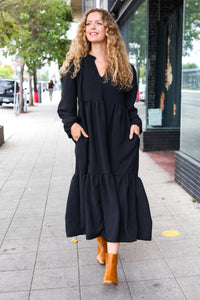 Lock Eyes Notched Neck Frill Hem Tiered Maxi Dress in Black