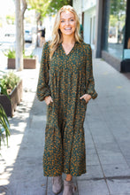 Load image into Gallery viewer, Hunter Green Floral Print Notched Neck Tiered Maxi Dress
