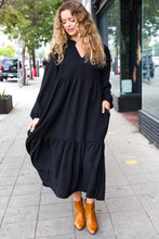 Load image into Gallery viewer, Lock Eyes Notched Neck Frill Hem Tiered Maxi Dress in Black
