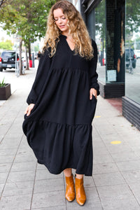 Lock Eyes Notched Neck Frill Hem Tiered Maxi Dress in Black