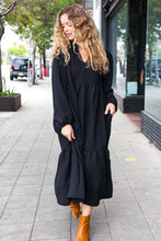 Load image into Gallery viewer, Lock Eyes Notched Neck Frill Hem Tiered Maxi Dress in Black
