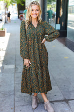 Load image into Gallery viewer, Hunter Green Floral Print Notched Neck Tiered Maxi Dress
