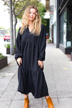 Load image into Gallery viewer, Lock Eyes Notched Neck Frill Hem Tiered Maxi Dress in Black
