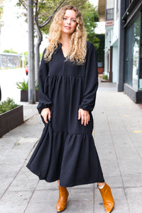 Lock Eyes Notched Neck Frill Hem Tiered Maxi Dress in Black