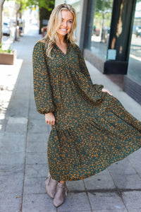 Hunter Green Floral Print Notched Neck Tiered Maxi Dress