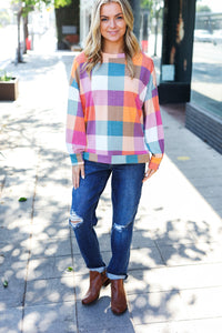 Charming Plaid Checker Print Hacci Sweater Top in Berry