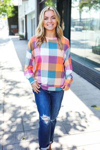 Charming Plaid Checker Print Hacci Sweater Top in Berry