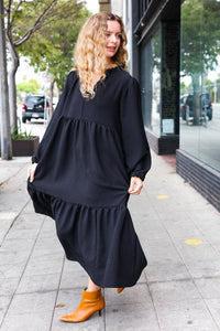 Lock Eyes Notched Neck Frill Hem Tiered Maxi Dress in Black