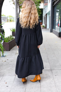 Lock Eyes Notched Neck Frill Hem Tiered Maxi Dress in Black