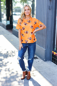 Game Day Football Print Knit Top in Orange