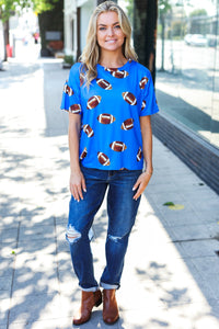 Game Day Football Print Knit Top in Blue