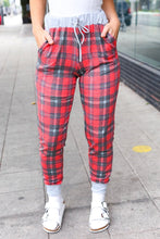 Load image into Gallery viewer, Holiday Vibes Red &amp; Gray Plaid Drawstring Jogger Sweatpants
