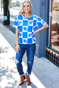 Turn Up The Volume Football Checker Print Top in Blue