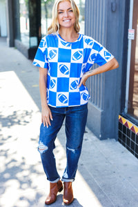 Turn Up The Volume Football Checker Print Top in Blue