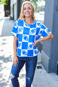 Turn Up The Volume Football Checker Print Top in Blue