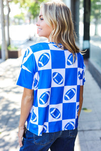 Turn Up The Volume Football Checker Print Top in Blue