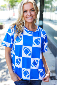 Turn Up The Volume Football Checker Print Top in Blue