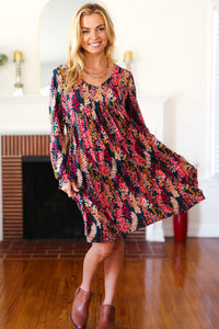 Eyes On You Hunter Green Floral Long Sleeve Babydoll V Neck Dress