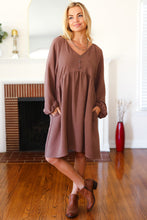 Load image into Gallery viewer, Beautiful You Woven Waffle V Neck Babydoll Dress in Mocha
