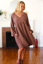 Load image into Gallery viewer, Beautiful You Woven Waffle V Neck Babydoll Dress in Mocha
