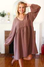 Load image into Gallery viewer, Beautiful You Woven Waffle V Neck Babydoll Dress in Mocha
