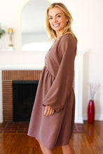 Load image into Gallery viewer, Beautiful You Woven Waffle V Neck Babydoll Dress in Mocha
