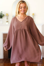 Load image into Gallery viewer, Beautiful You Woven Waffle V Neck Babydoll Dress in Mocha
