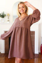 Load image into Gallery viewer, Beautiful You Woven Waffle V Neck Babydoll Dress in Mocha
