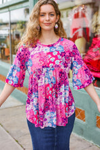 Load image into Gallery viewer, Floral Print Babydoll Bell Sleeve Top in Pink &amp; Blue
