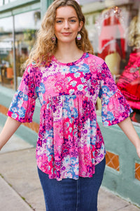 Floral Print Babydoll Bell Sleeve Top in Pink & Blue