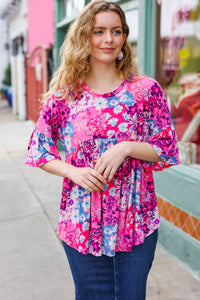 Floral Print Babydoll Bell Sleeve Top in Pink & Blue