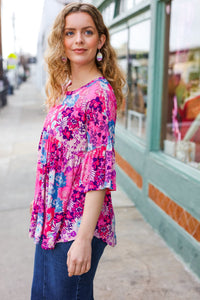 Floral Print Babydoll Bell Sleeve Top in Pink & Blue