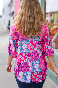 Floral Print Babydoll Bell Sleeve Top in Pink & Blue