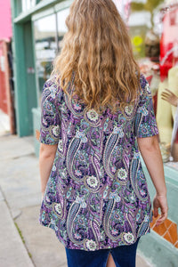 Floral Paisley Front Keyhole Tunic Top in Navy