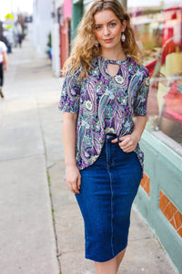 Floral Paisley Front Keyhole Tunic Top in Navy