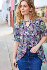 Floral Paisley Front Keyhole Tunic Top in Navy