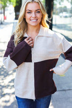 Load image into Gallery viewer, Brown Color Block Collared Zip Up Sweater
