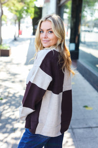 Brown Color Block Collared Zip Up Sweater