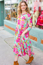 Load image into Gallery viewer, Floral Print Ruffle Hem Midi Dress in Taupe &amp; Fuchsia
