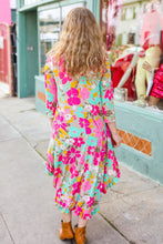 Load image into Gallery viewer, Floral Print Ruffle Hem Midi Dress in Taupe &amp; Fuchsia
