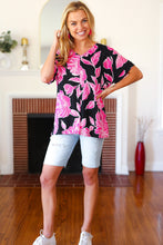 Load image into Gallery viewer, Tropical Vibes Black &amp; Hot Pink Floral V Neck Top

