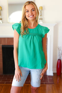 All For You Scallop Lace Yoke Tulip Sleeve Top in Green