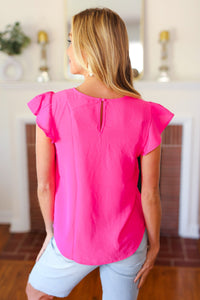 All For You Scallop Lace Yoke Tulip Sleeve Top in Fuchsia